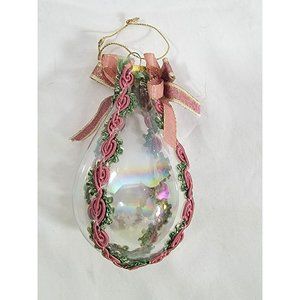 Vintage Glass Ornament With Pink Ribbon Floral Design 4.25"